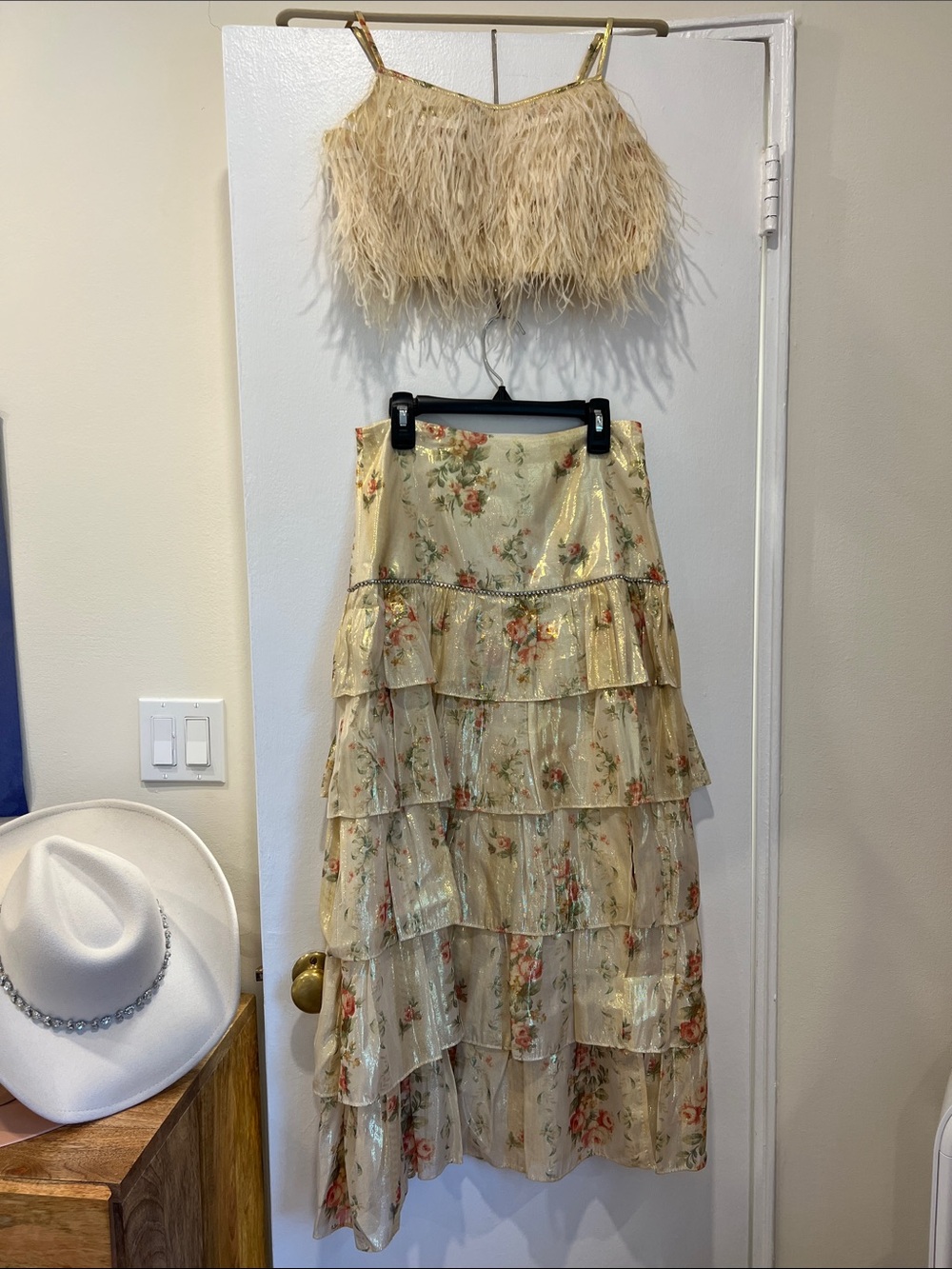 Floral Tiered Gold Midi Skirt - Women's Elegant Ruffle Skirt